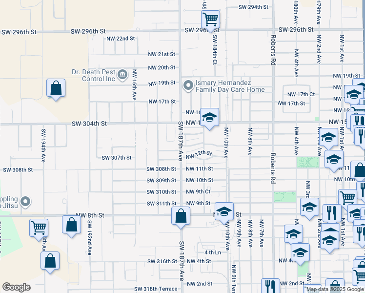 map of restaurants, bars, coffee shops, grocery stores, and more near 1315 Northwest 12th Street in Homestead