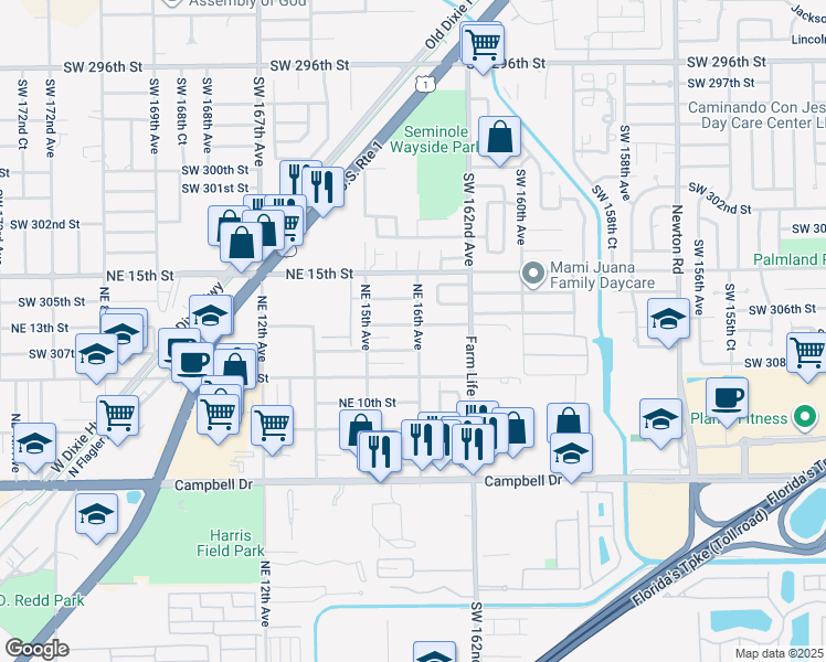 map of restaurants, bars, coffee shops, grocery stores, and more near 1561 Northeast 12th Street in Homestead