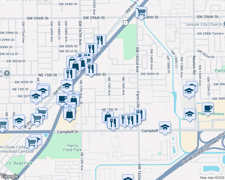 map of restaurants, bars, coffee shops, grocery stores, and more near 1511 Northeast 12th Street in Homestead