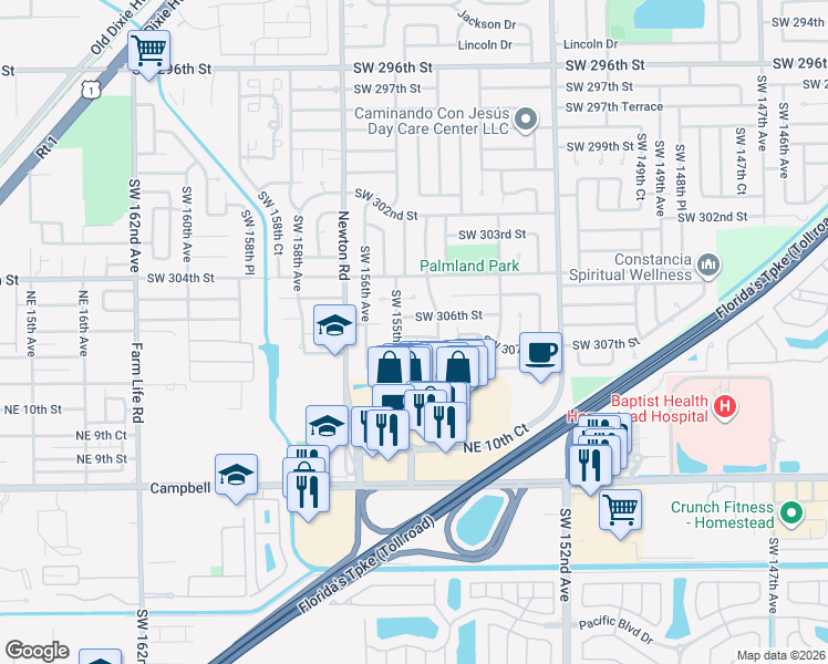 map of restaurants, bars, coffee shops, grocery stores, and more near 15501 Southwest 306th Street in Homestead