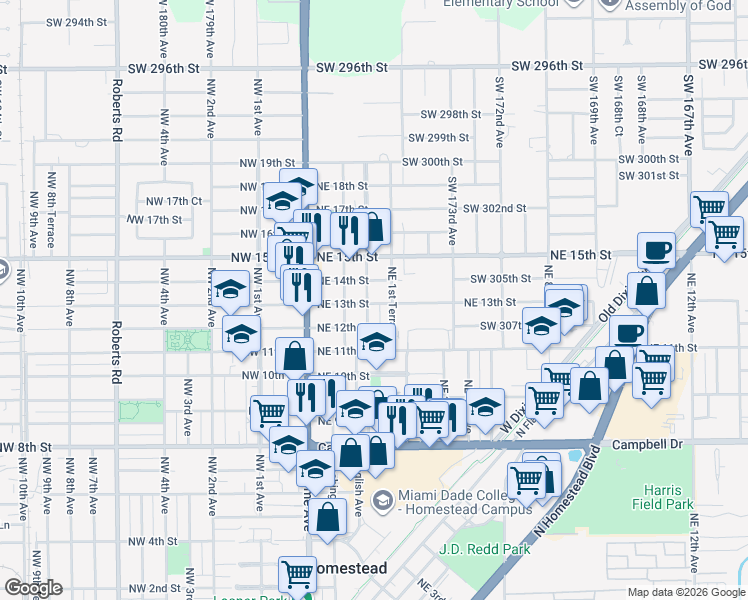 map of restaurants, bars, coffee shops, grocery stores, and more near 1344 Northeast 1st Avenue in Homestead