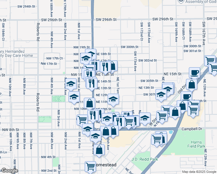 map of restaurants, bars, coffee shops, grocery stores, and more near 1344 Northeast 1st Avenue in Homestead