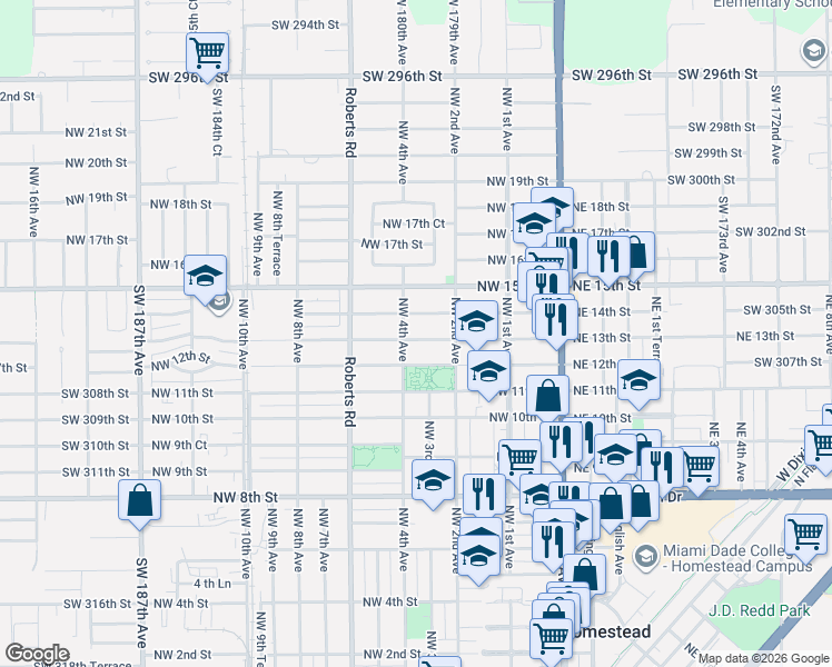 map of restaurants, bars, coffee shops, grocery stores, and more near 246 Northwest 14th Street in Homestead