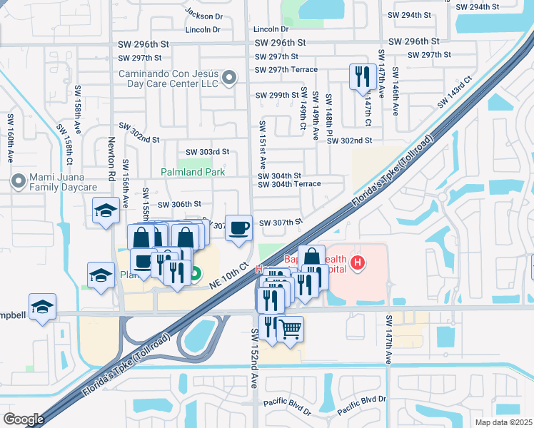 map of restaurants, bars, coffee shops, grocery stores, and more near 15114 Southwest 305th Terrace in Homestead