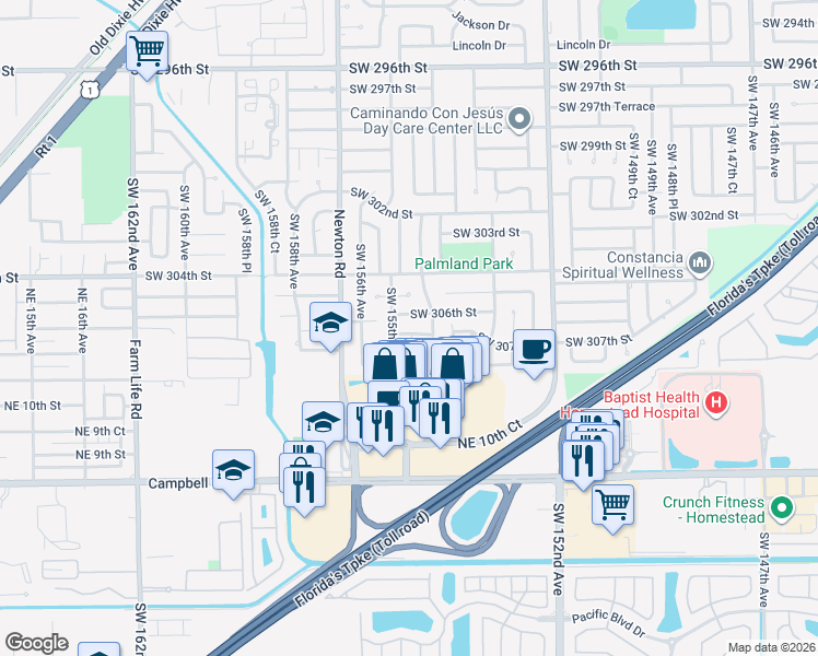 map of restaurants, bars, coffee shops, grocery stores, and more near 15501 Southwest 306th Street in Homestead