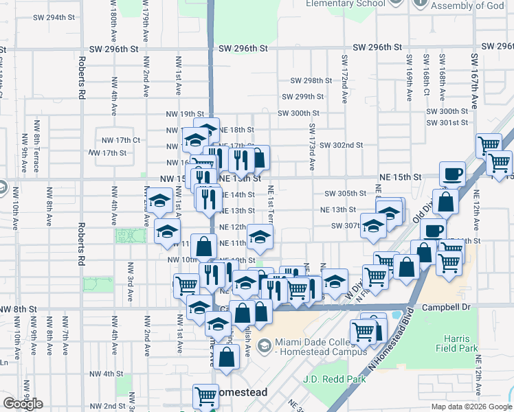 map of restaurants, bars, coffee shops, grocery stores, and more near 1344 Northeast 1st Avenue in Homestead