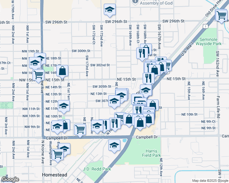 map of restaurants, bars, coffee shops, grocery stores, and more near 730 Northeast 14th Street in Homestead