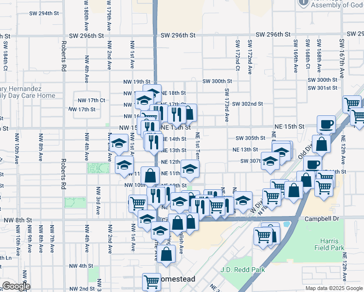 map of restaurants, bars, coffee shops, grocery stores, and more near 1344 Northeast 1st Avenue in Homestead