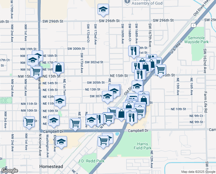 map of restaurants, bars, coffee shops, grocery stores, and more near 730 Northeast 14th Street in Homestead