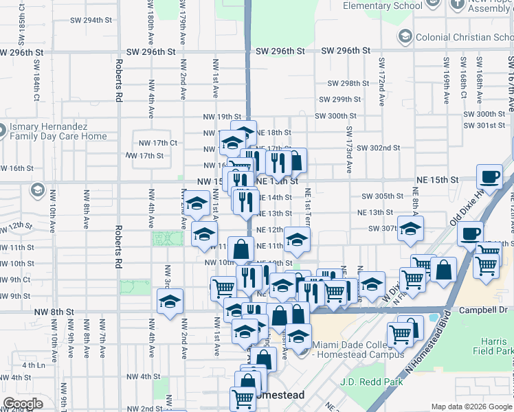 map of restaurants, bars, coffee shops, grocery stores, and more near 29 Northeast 14th Street in Homestead