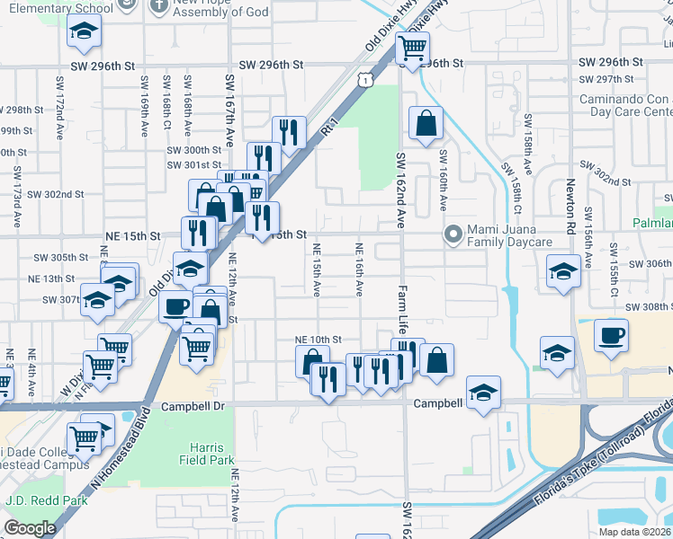 map of restaurants, bars, coffee shops, grocery stores, and more near 1560 Southwest 305th Street in Homestead