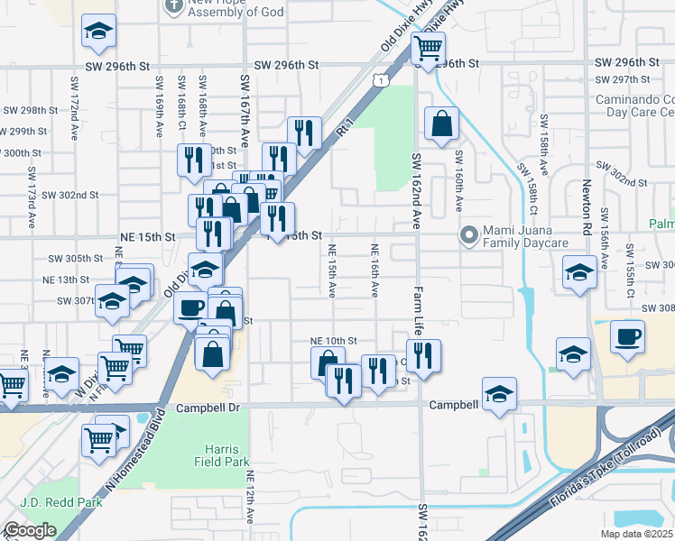 map of restaurants, bars, coffee shops, grocery stores, and more near 1510 Southwest 305th Street in Homestead