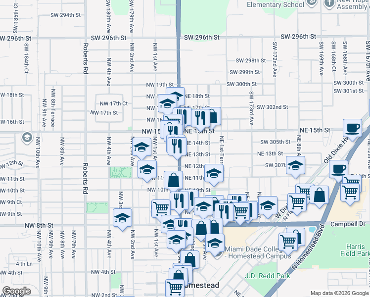 map of restaurants, bars, coffee shops, grocery stores, and more near 29 Northeast 14th Street in Homestead