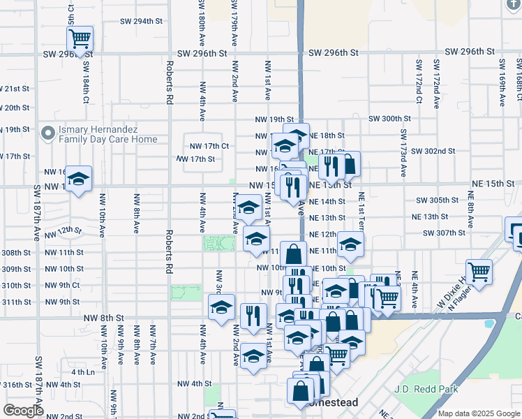 map of restaurants, bars, coffee shops, grocery stores, and more near 1333 Northwest 1st Avenue in Homestead