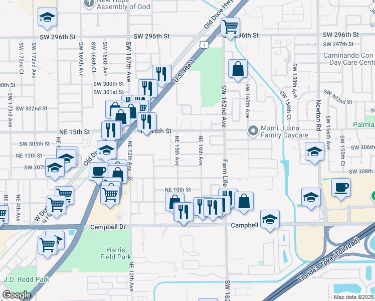map of restaurants, bars, coffee shops, grocery stores, and more near 1560 Southwest 305th Street in Homestead
