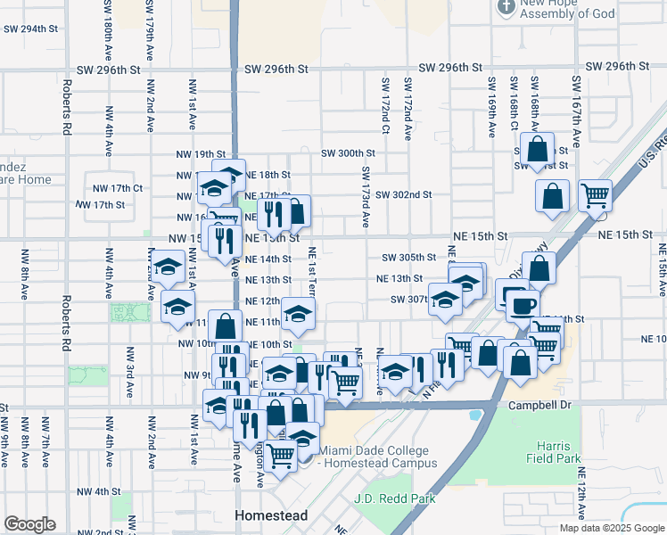 map of restaurants, bars, coffee shops, grocery stores, and more near 174 Northeast 14th Street in Homestead