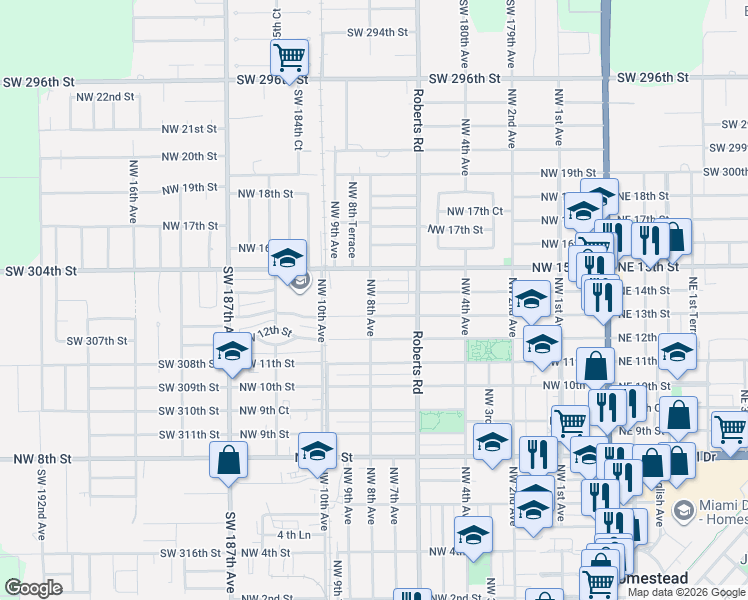 map of restaurants, bars, coffee shops, grocery stores, and more near 705 Northwest 14th Street in Homestead