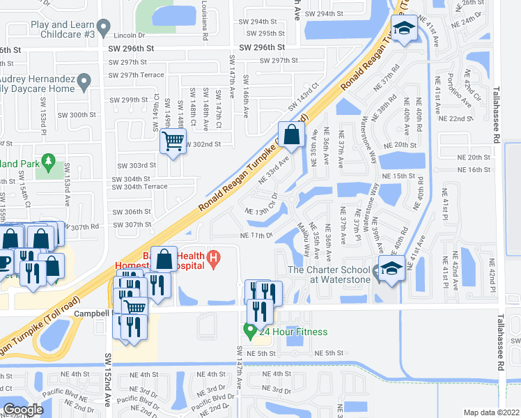 map of restaurants, bars, coffee shops, grocery stores, and more near 3355 Northeast 13th Circle Drive in Homestead