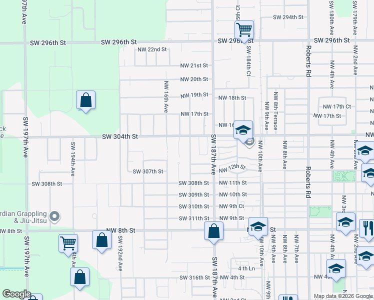 map of restaurants, bars, coffee shops, grocery stores, and more near 30460 Southwest 188th Avenue in Homestead