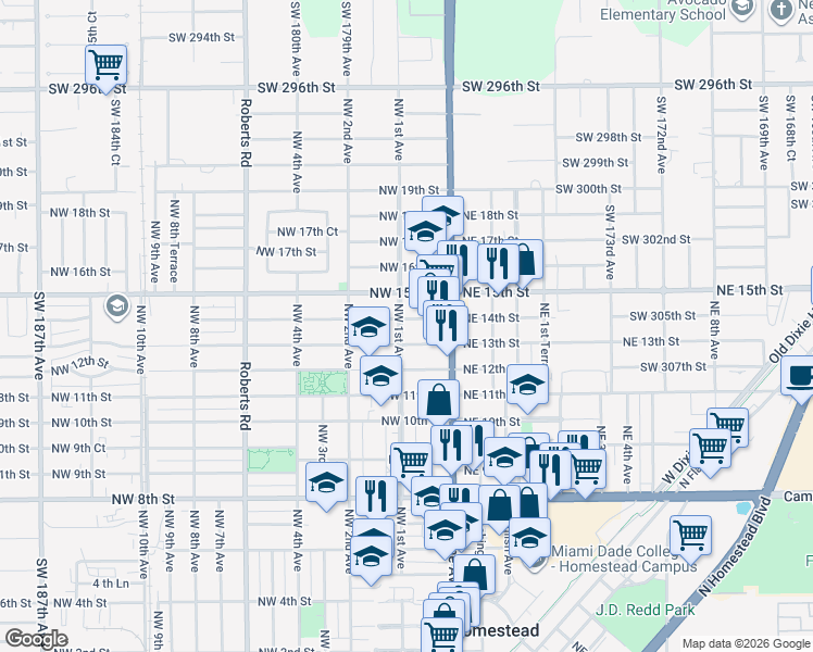 map of restaurants, bars, coffee shops, grocery stores, and more near 1333 Northwest 1st Avenue in Homestead