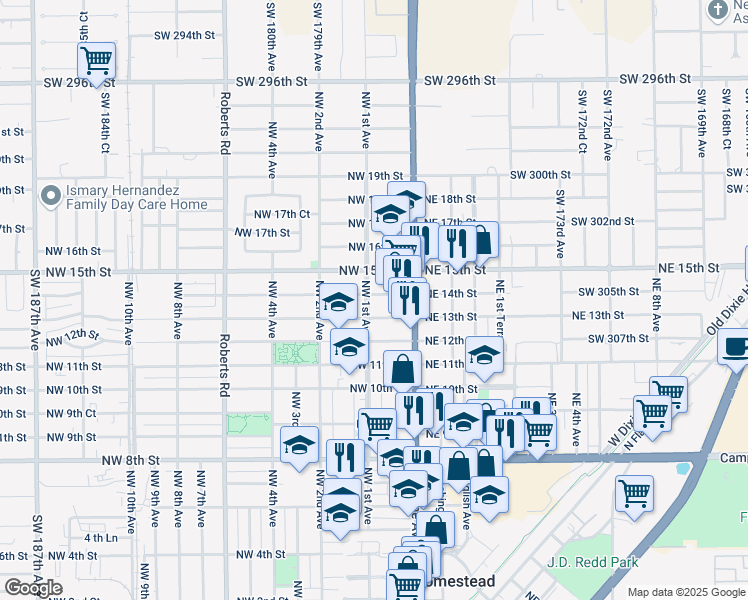 map of restaurants, bars, coffee shops, grocery stores, and more near 1333 Northwest 1st Avenue in Homestead