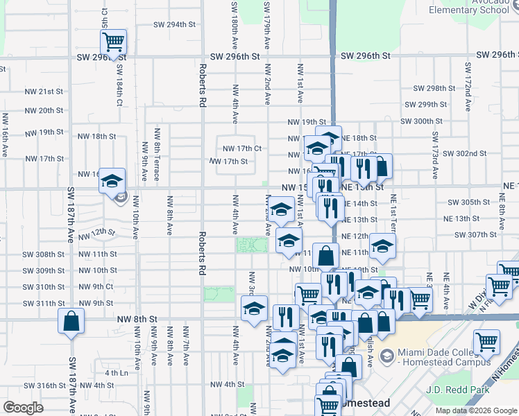 map of restaurants, bars, coffee shops, grocery stores, and more near 246 Northwest 14th Street in Homestead