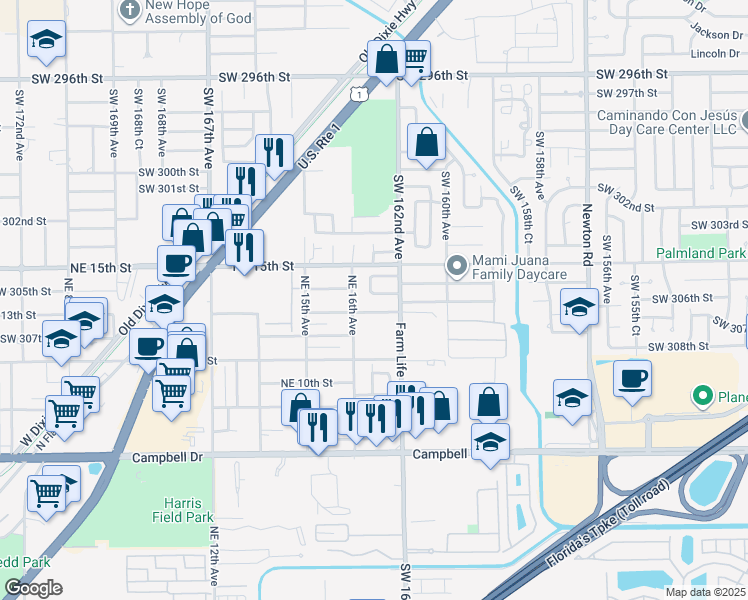 map of restaurants, bars, coffee shops, grocery stores, and more near 16244 Southwest 305th Street in Homestead