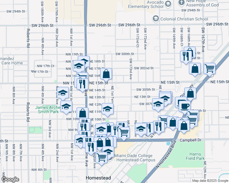 map of restaurants, bars, coffee shops, grocery stores, and more near 174 Northeast 14th Street in Homestead