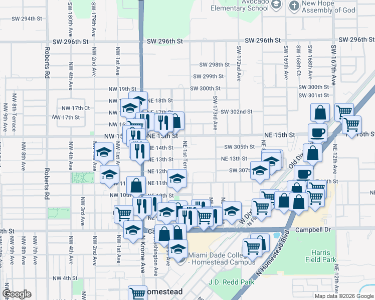 map of restaurants, bars, coffee shops, grocery stores, and more near 174 Northeast 14th Street in Homestead