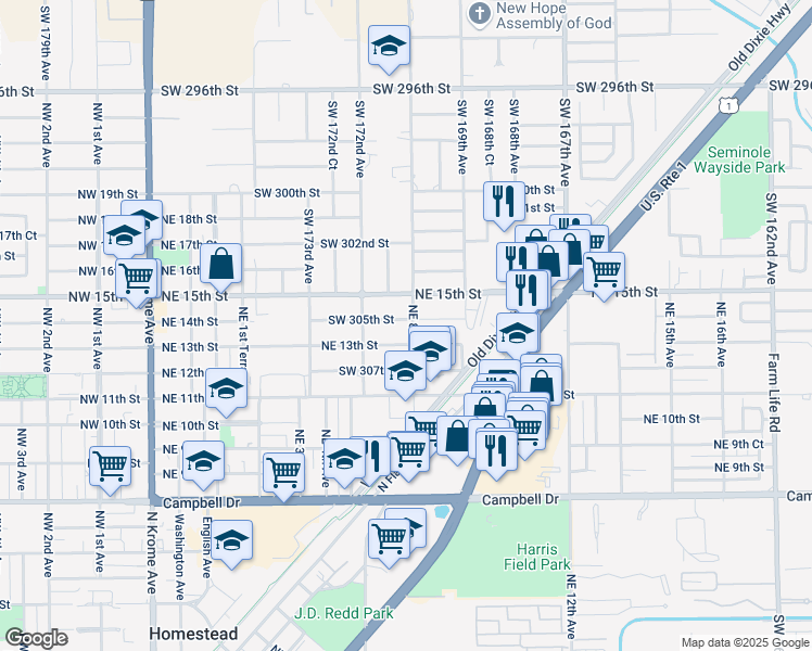 map of restaurants, bars, coffee shops, grocery stores, and more near 730 Northeast 14th Street in Homestead