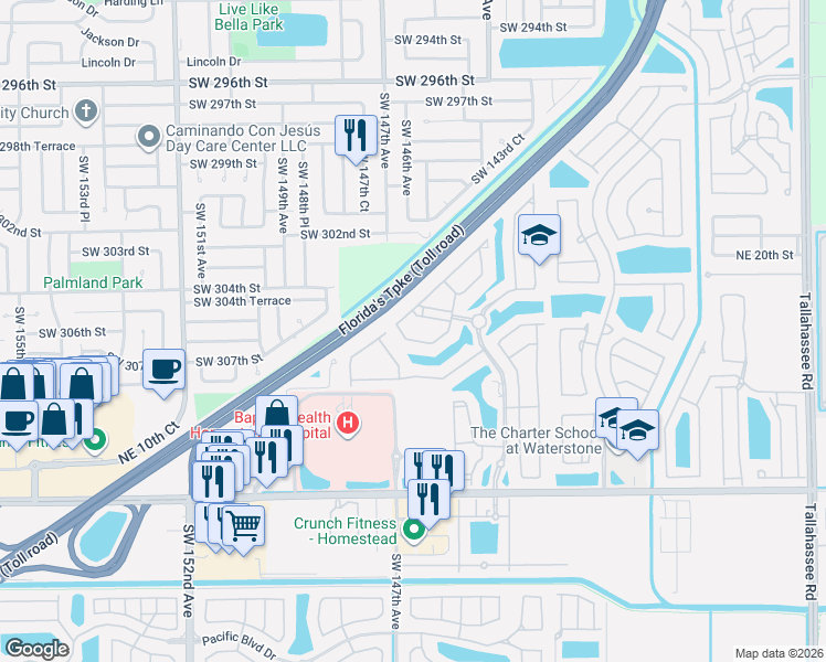 map of restaurants, bars, coffee shops, grocery stores, and more near 3355 Northeast 13th Circle Drive in Homestead