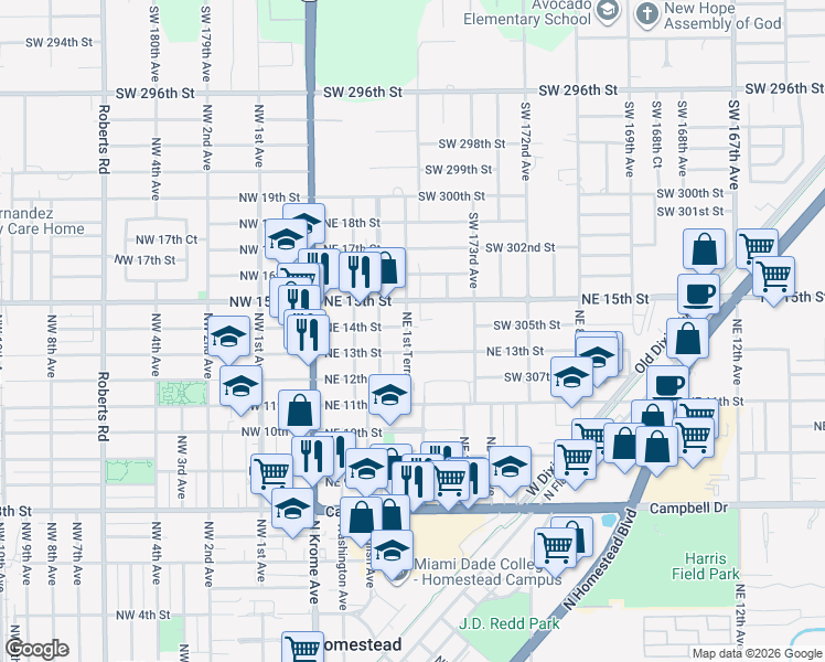 map of restaurants, bars, coffee shops, grocery stores, and more near 174 Northeast 14th Street in Homestead