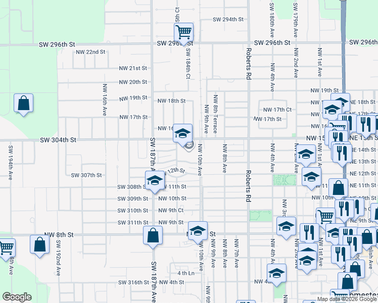 map of restaurants, bars, coffee shops, grocery stores, and more near 18480 Southwest 304th Street in Homestead
