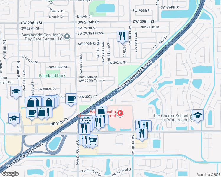 map of restaurants, bars, coffee shops, grocery stores, and more near 14850 Southwest 307th Street in Homestead
