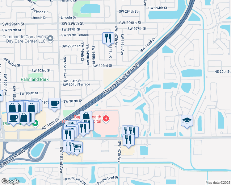 map of restaurants, bars, coffee shops, grocery stores, and more near 1250 Northeast 32nd Avenue in Homestead