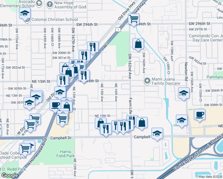 map of restaurants, bars, coffee shops, grocery stores, and more near 1560 Southwest 305th Street in Homestead