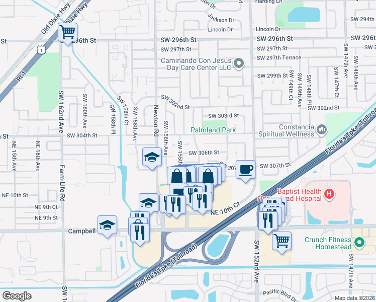 map of restaurants, bars, coffee shops, grocery stores, and more near 15501 Southwest 306th Street in Homestead