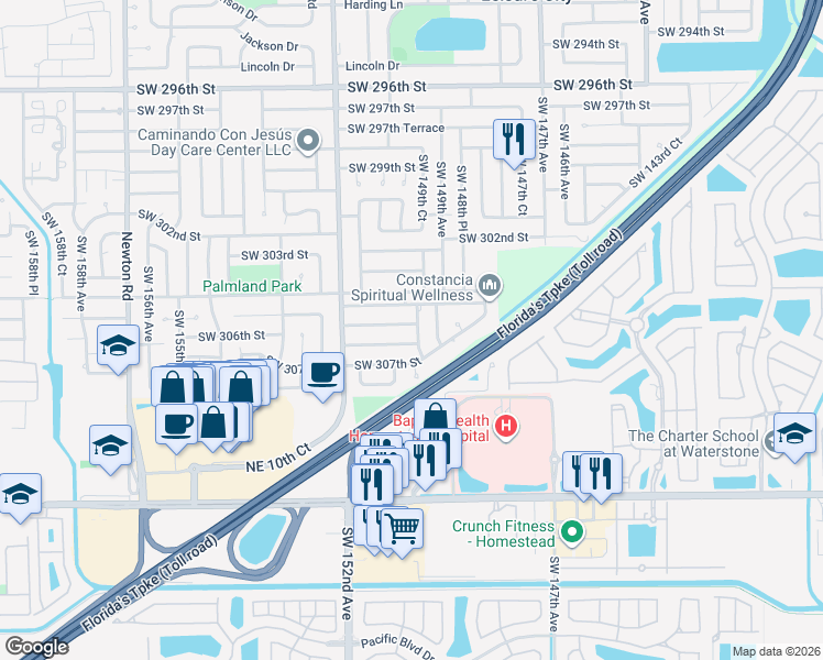 map of restaurants, bars, coffee shops, grocery stores, and more near 30530 Southwest 149th Avenue in Homestead