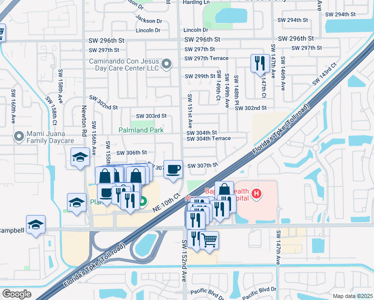 map of restaurants, bars, coffee shops, grocery stores, and more near 15114 Southwest 305th Terrace in Homestead