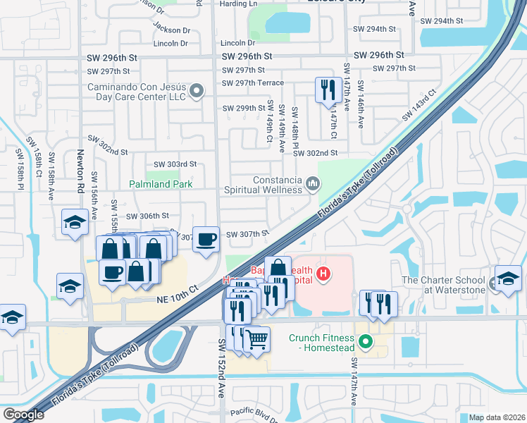 map of restaurants, bars, coffee shops, grocery stores, and more near 30530 Southwest 149th Avenue in Homestead