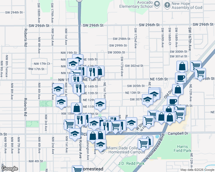 map of restaurants, bars, coffee shops, grocery stores, and more near 174 Northeast 14th Street in Homestead