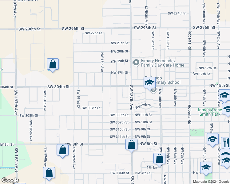 map of restaurants, bars, coffee shops, grocery stores, and more near 30460 Southwest 188th Avenue in Homestead
