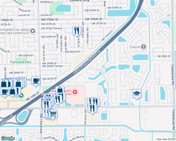map of restaurants, bars, coffee shops, grocery stores, and more near 3355 Northeast 13th Circle Drive in Homestead