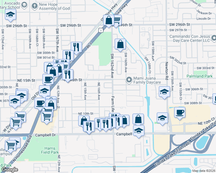 map of restaurants, bars, coffee shops, grocery stores, and more near 16244 Southwest 305th Street in Homestead