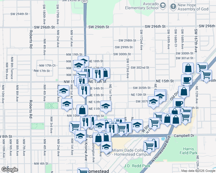 map of restaurants, bars, coffee shops, grocery stores, and more near 174 Northeast 14th Street in Homestead