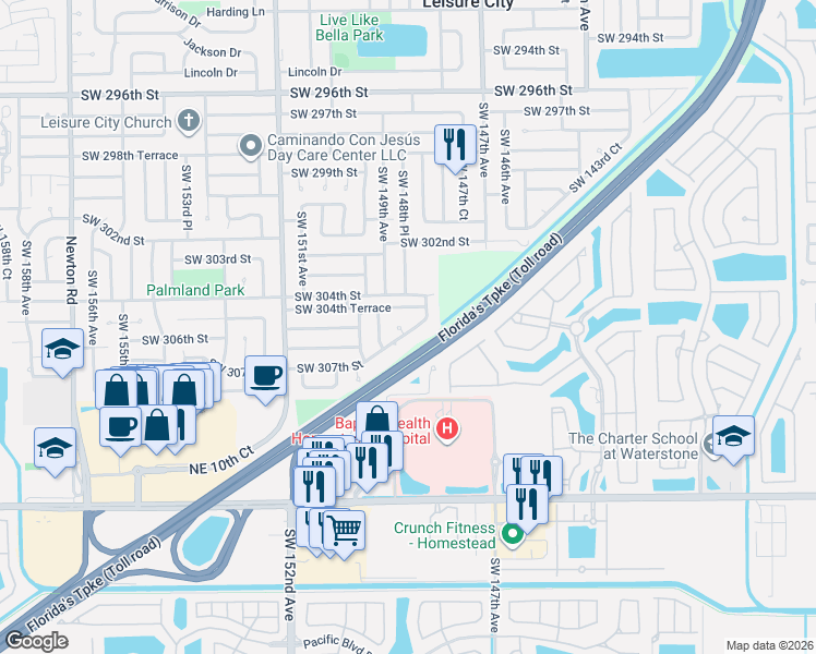 map of restaurants, bars, coffee shops, grocery stores, and more near 14850 Southwest 307th Street in Homestead