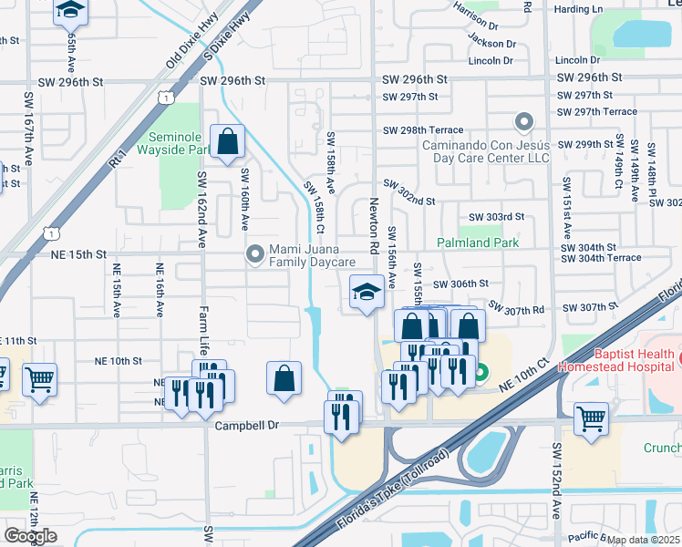 map of restaurants, bars, coffee shops, grocery stores, and more near 15805 Southwest 305th Terrace in Homestead
