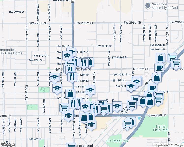 map of restaurants, bars, coffee shops, grocery stores, and more near 174 Northeast 14th Street in Homestead