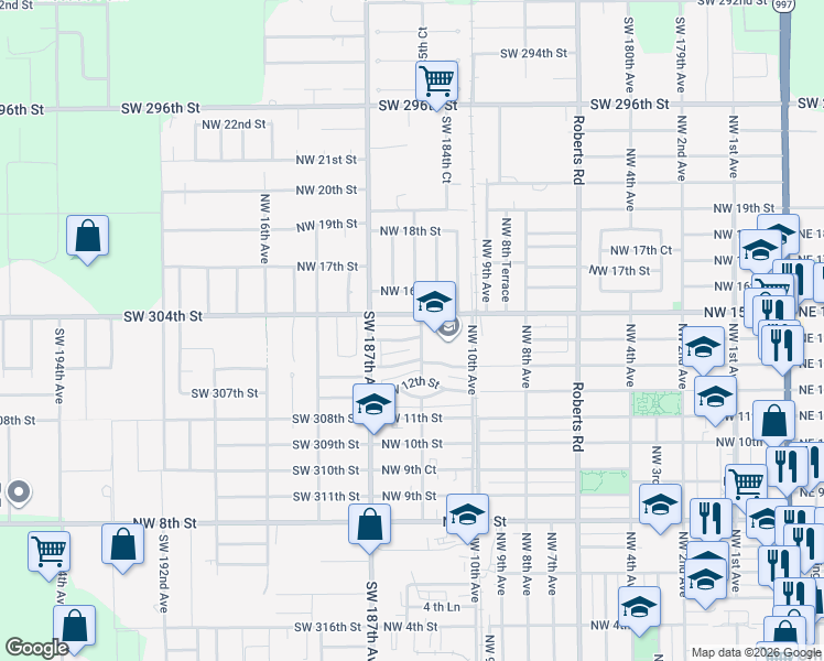 map of restaurants, bars, coffee shops, grocery stores, and more near 18480 Southwest 304th Street in Homestead
