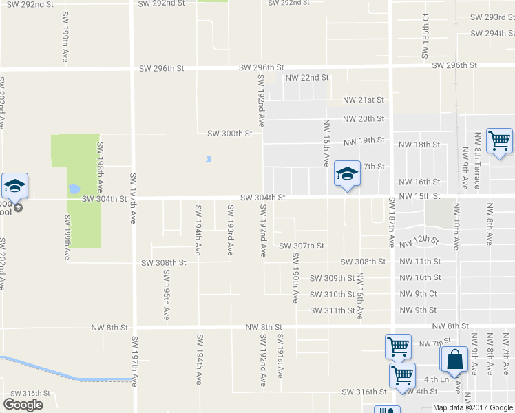 map of restaurants, bars, coffee shops, grocery stores, and more near 19200 Southwest 304th Street in Homestead